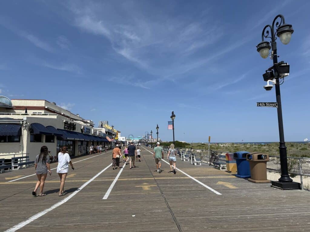 The quiet south end of the Ocean City boardwalk, looking north from 14th Street