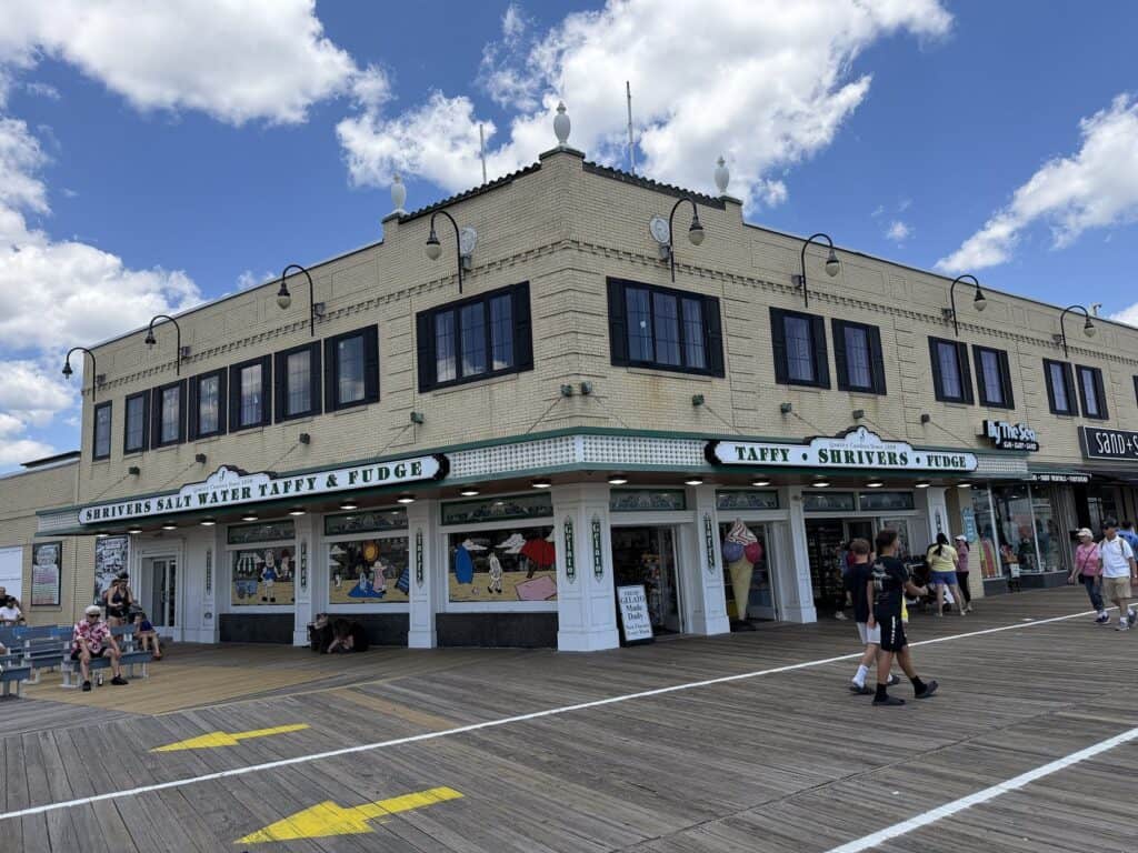 The Shriver's Salt Water Taffy and Fudge storefront at 852 Boardwalk, Ocean City, New Jersey